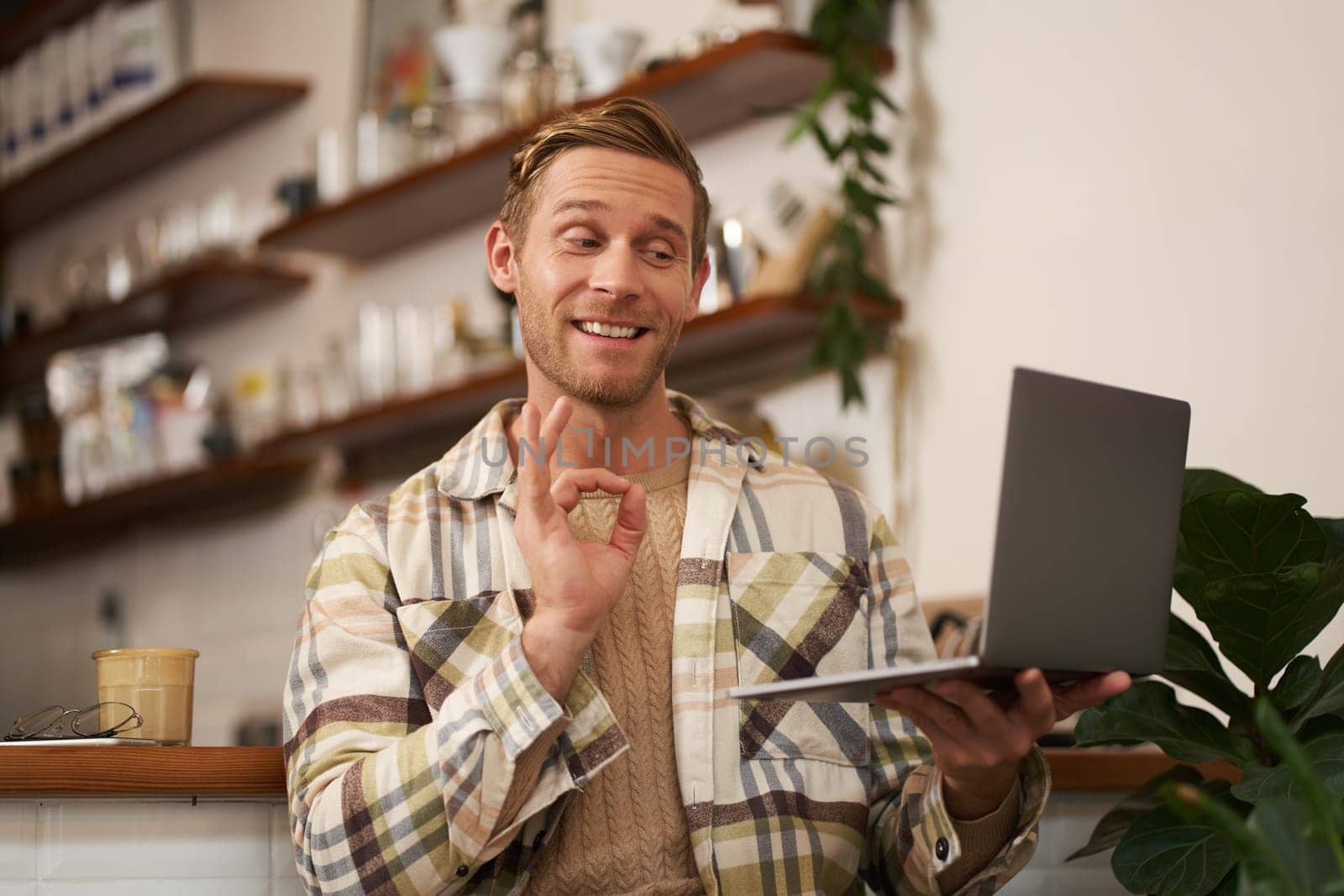 Portrait of satisfied smiling young man, holding laptop, showing okay, ok sign, approve smth good, satisfied by project result. Teacher giving online lesson in cafe, nod in approval by Benzoix