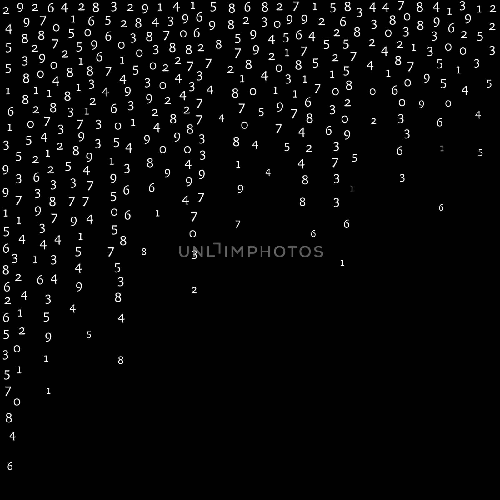 Falling numbers, big data concept. Binary white orderly flying digits. Bewitching futuristic banner on black background. Digital illustration with falling numbers.