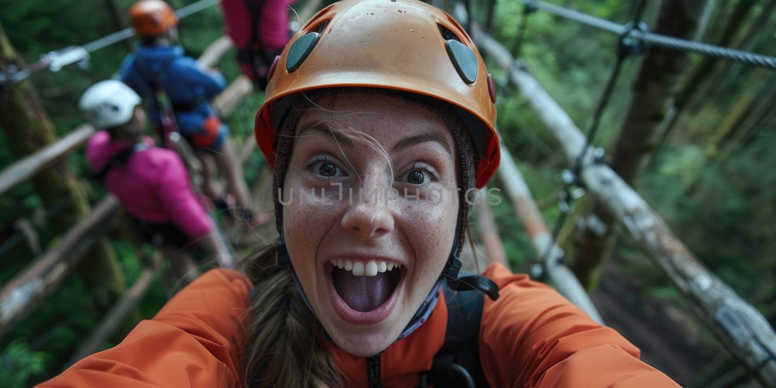 View of high ropes course, process of climbing in amusement activity rope park. happy and excited teens climbing. ai generated