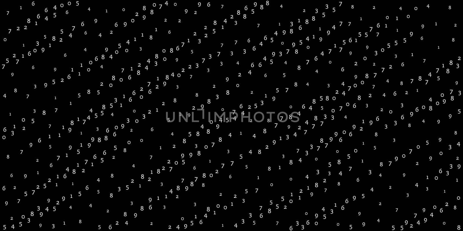 Falling numbers, big data concept. Binary white orderly flying digits. Imaginative futuristic banner on black background. Digital illustration with falling numbers.