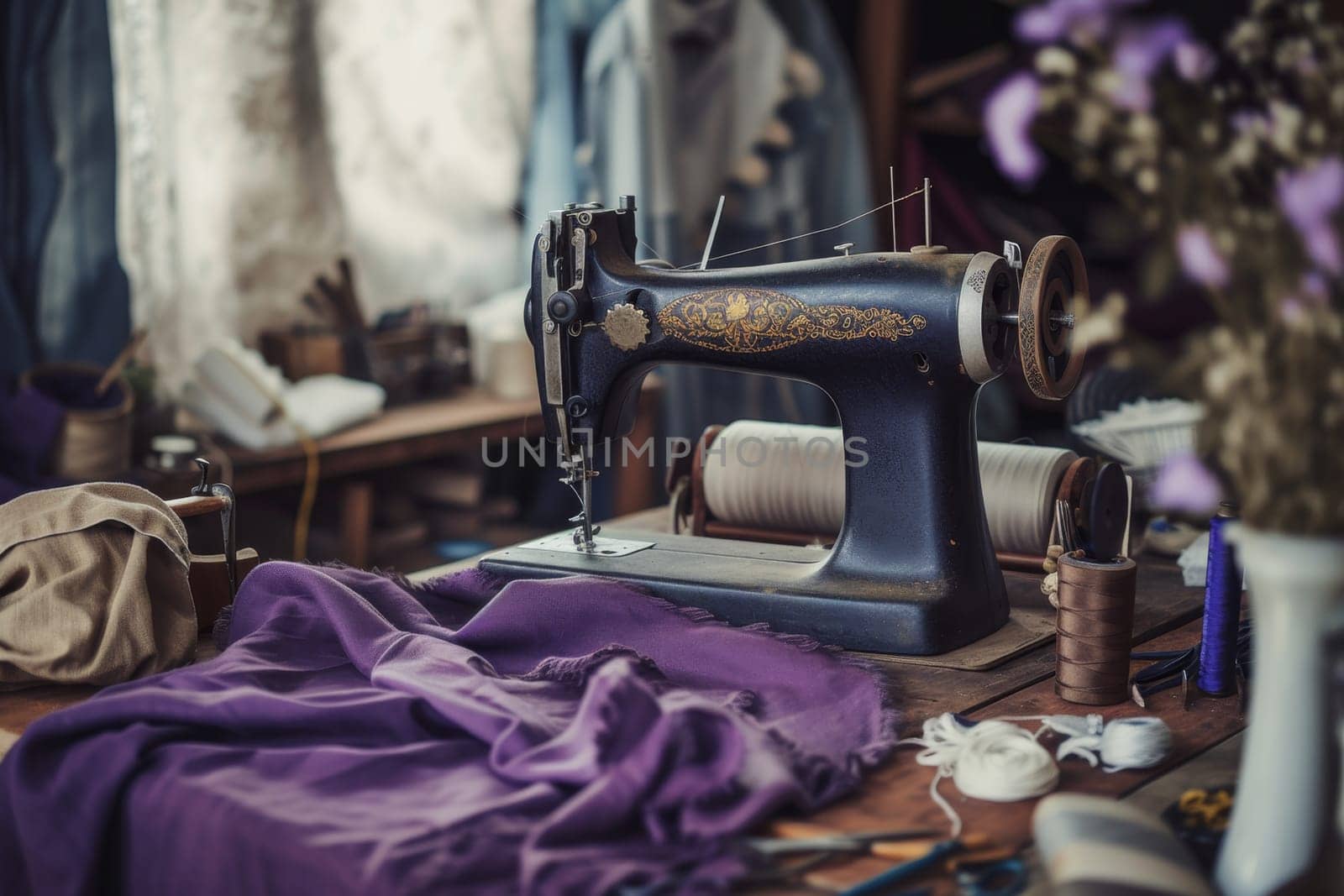 An antique sewing machine is ready to work on the table by Lobachad