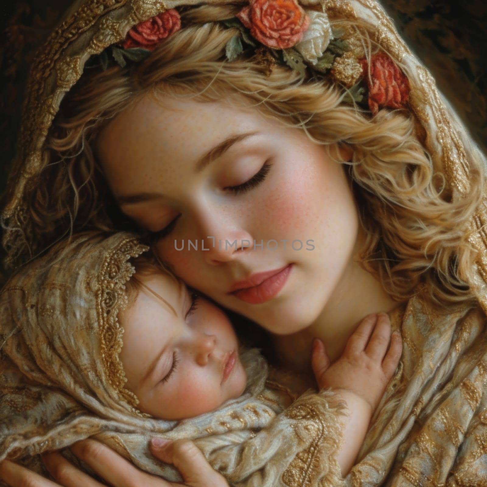 A photograph capturing the Holy Virgin Mary cradling Baby Jesus Christ in her arms.