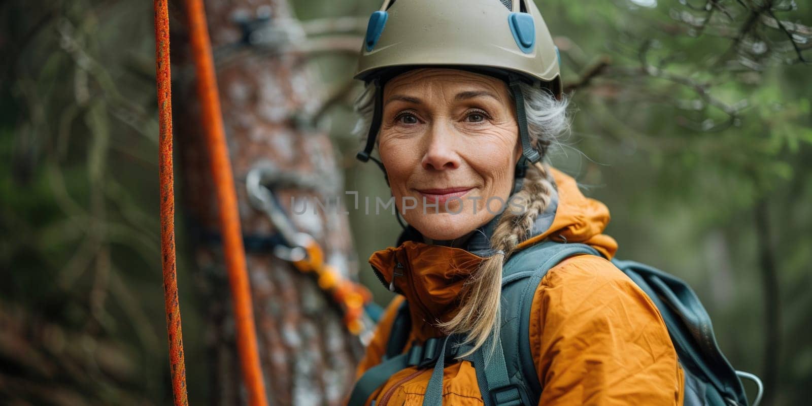 View of high ropes course, process of climbing in amusement activity rope park. happy and excited mature woman climbing. ai generated