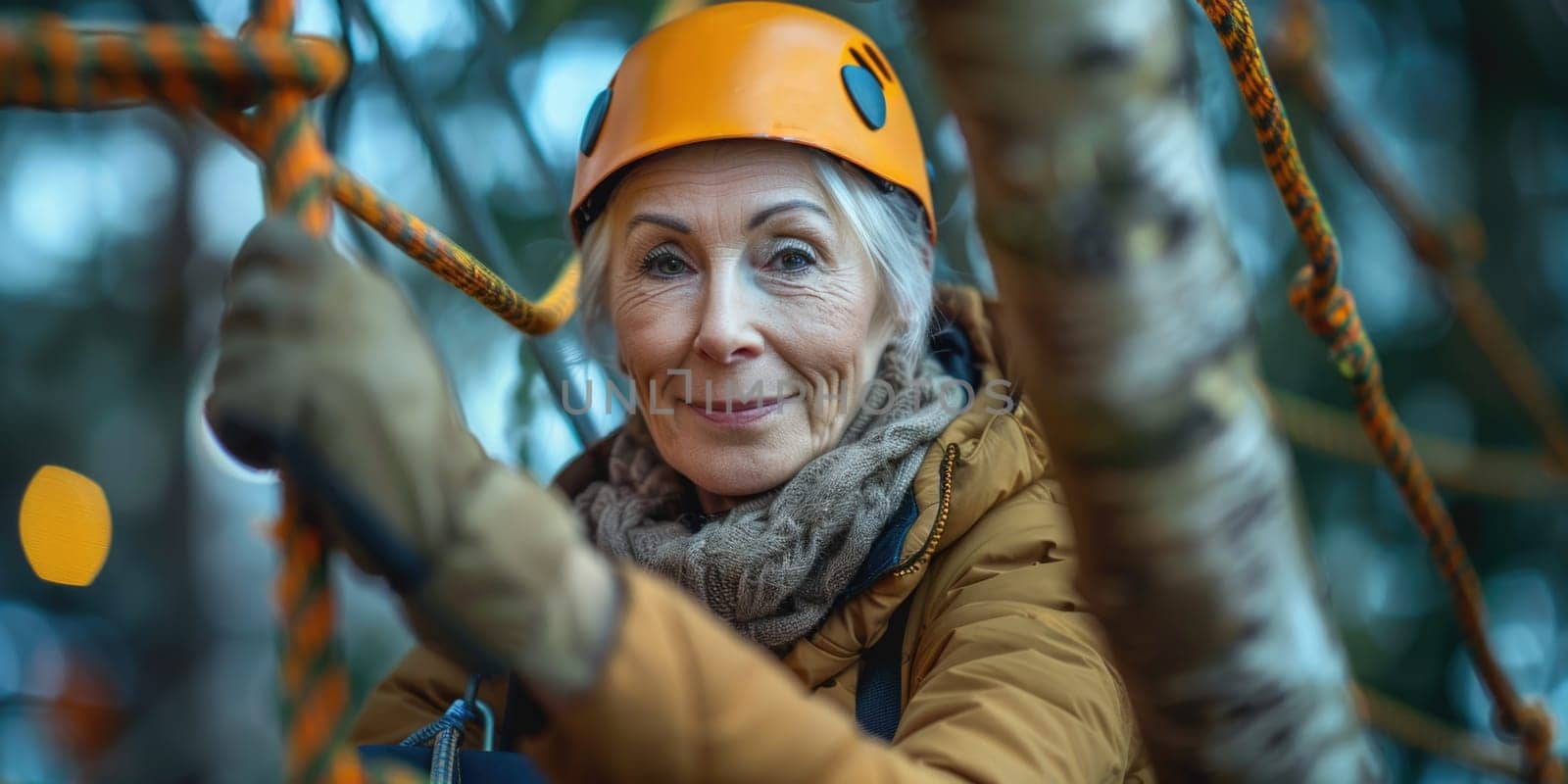 View of high ropes course, process of climbing in amusement activity rope park. happy and excited mature woman climbing. ai generated