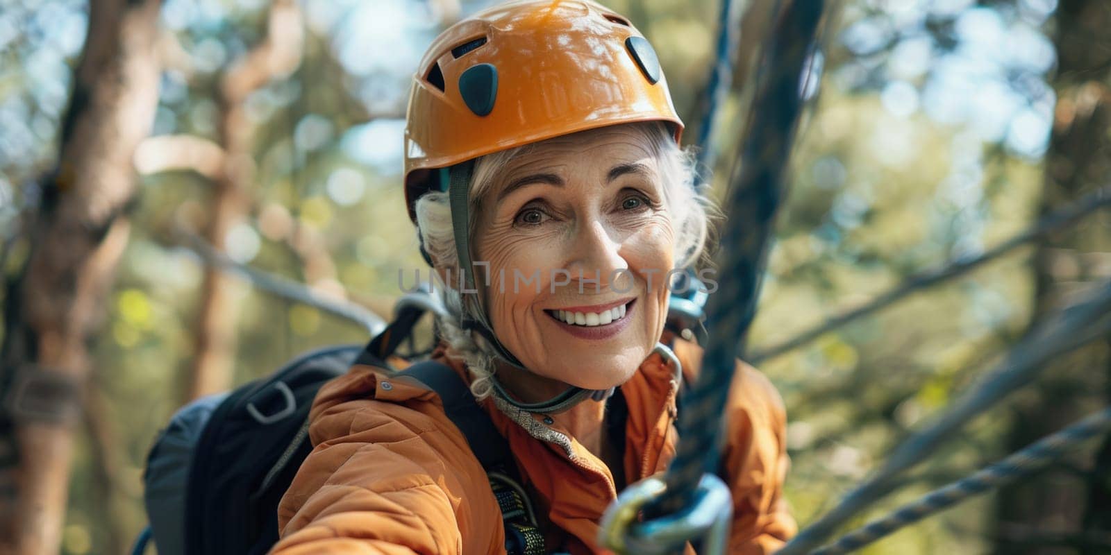 View of high ropes course, process of climbing in amusement activity rope park. happy and excited mature woman climbing. ai generated