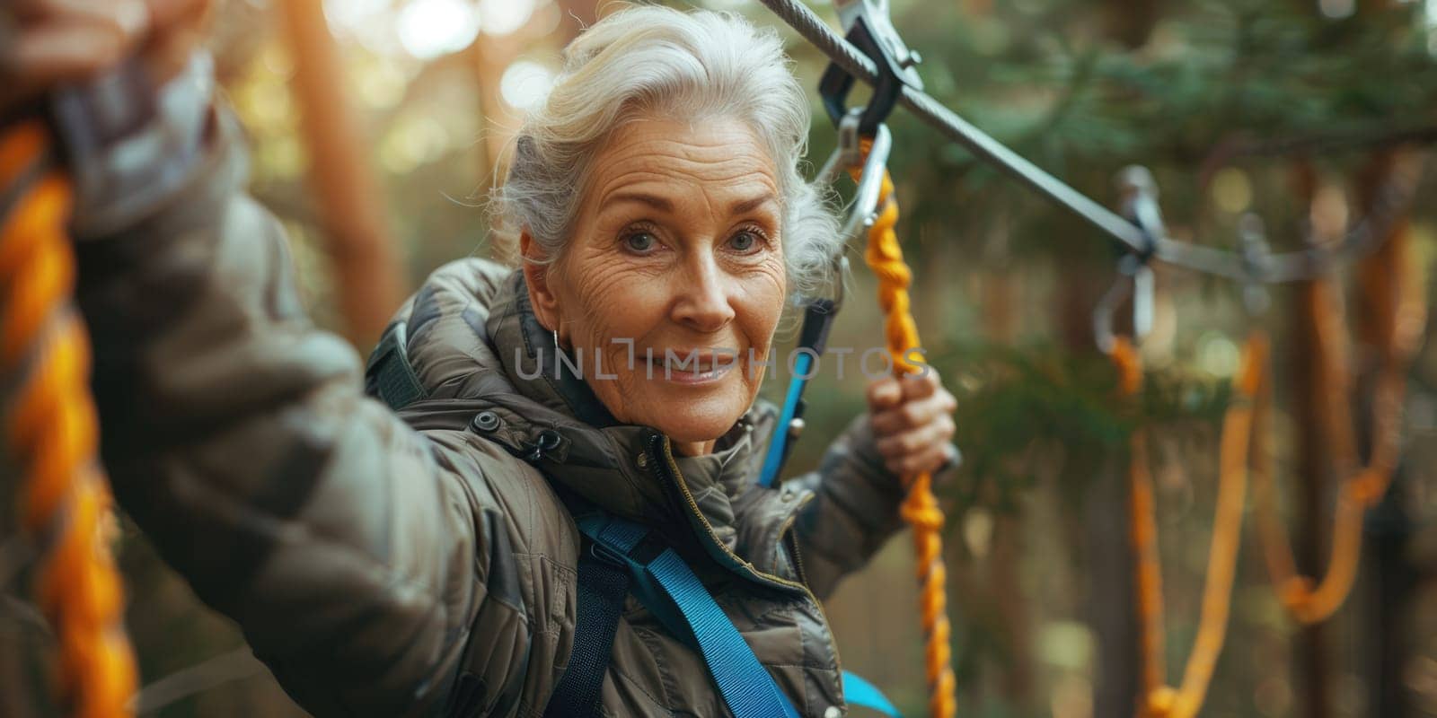 View of high ropes course, process of climbing in amusement activity rope park. happy and excited mature woman climbing. ai generated