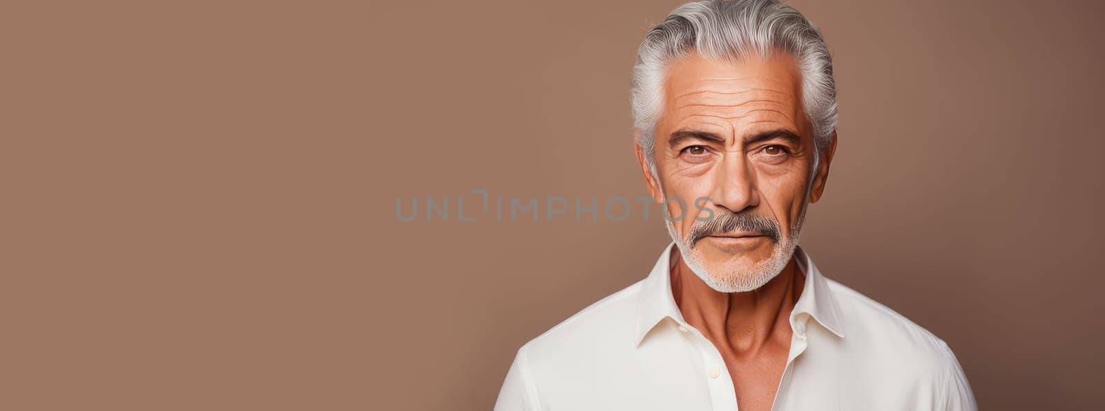 Handsome elderly elegant latino with gray hair, on creamy beige background, banner, active aging. Advertising of cosmetic products, spa treatments, shampoos and hair care products, dentistry and medicine, perfumes and cosmetology for older men.