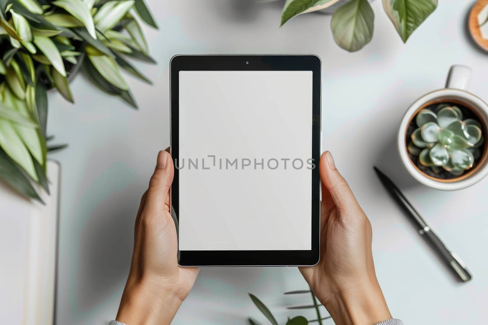 hands holding tablet with blank screen for mockup , green plants in the background. ai generated