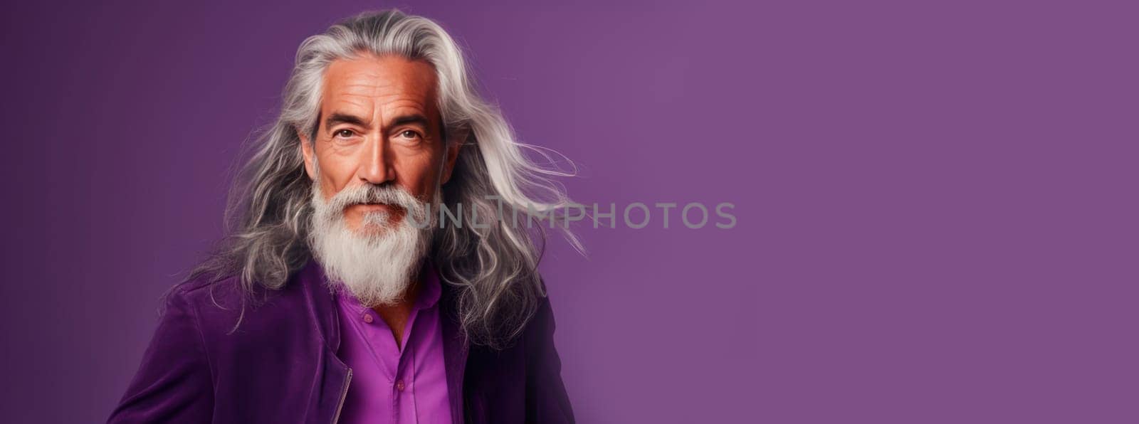 Handsome elderly Latino with long gray hair, on a purple background, banner. Advertising of cosmetic products, spa treatments, shampoos and hair care products, dentistry and medicine, perfumes and cosmetology for older men.