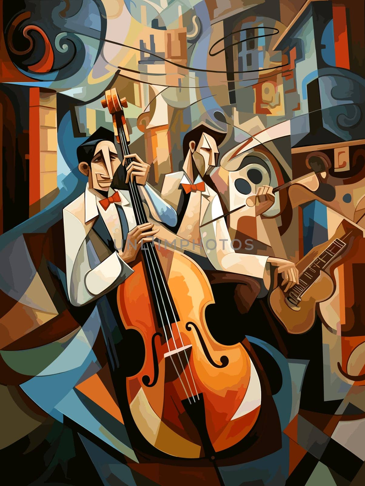 Abstract image of jazz musicians improvising on the streets of New Orleans in cubist pop art style.