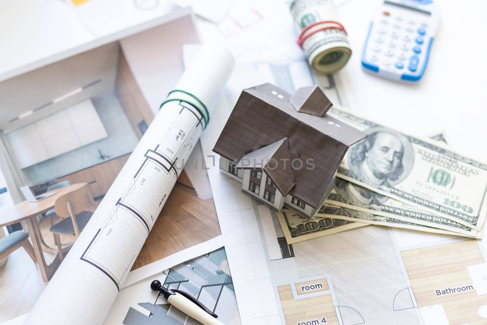 engineering tools on wooden table with drawings apartments top view. High quality photo