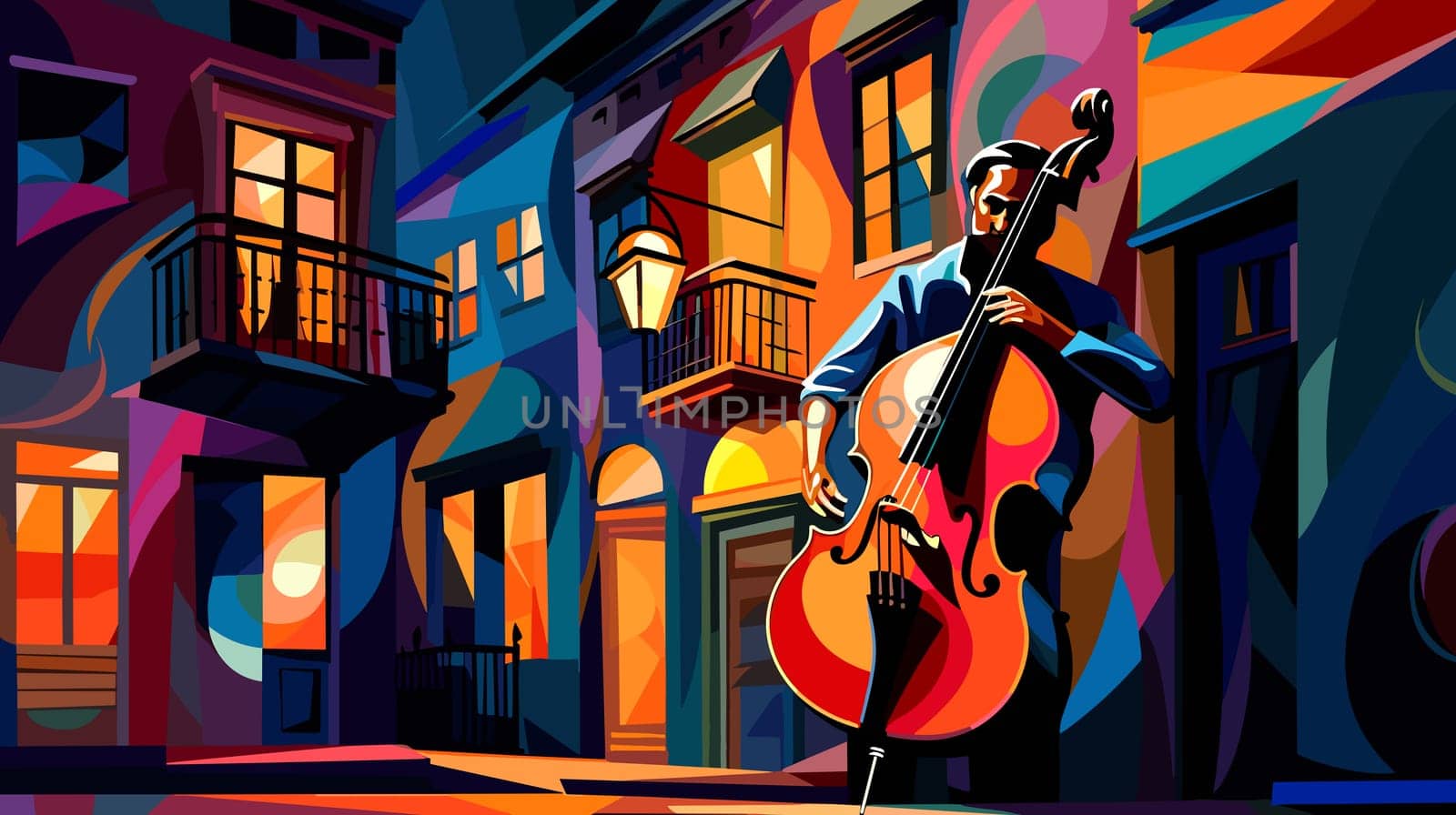 Abstract image of jazz musicians improvising on the streets of New Orleans in cubist pop art style.