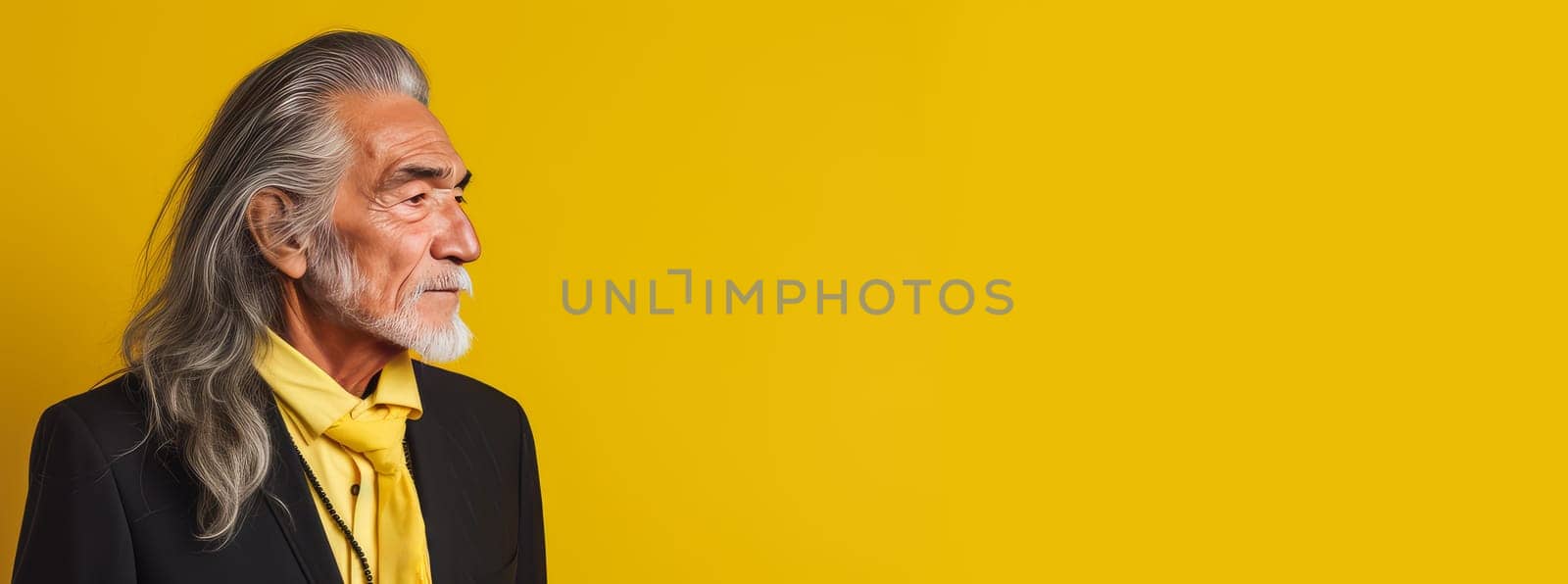 Handsome elderly Latino with long gray hair, on a yellow background, banner. Advertising of cosmetic products, spa treatments, shampoos and hair care products, dentistry and medicine, perfumes and cosmetology for older men.