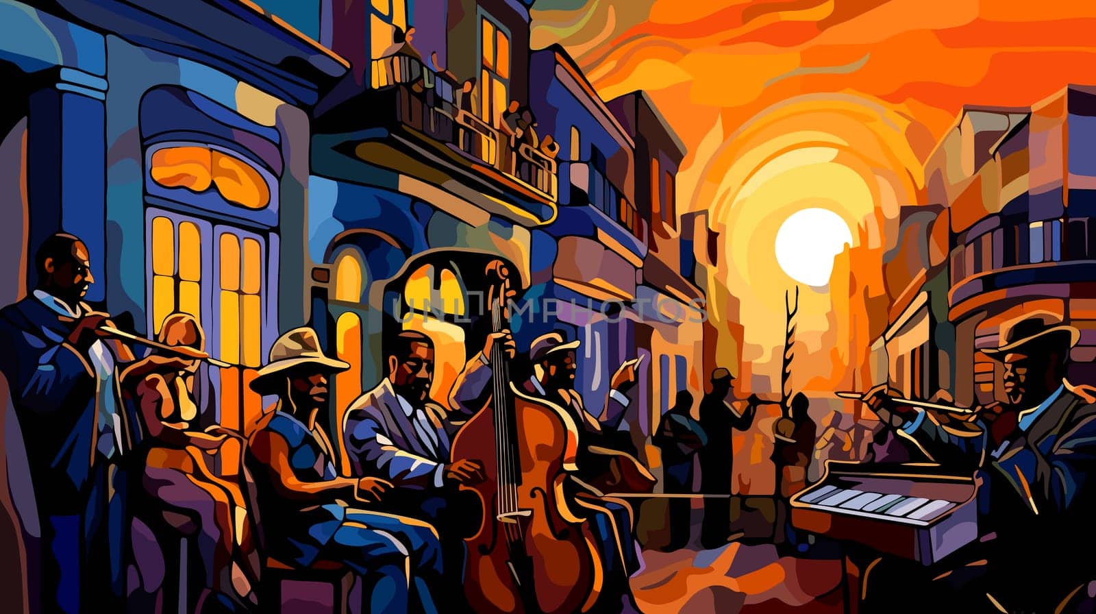 Abstract image of jazz musicians improvising on the streets of New Orleans in cubist pop art style.