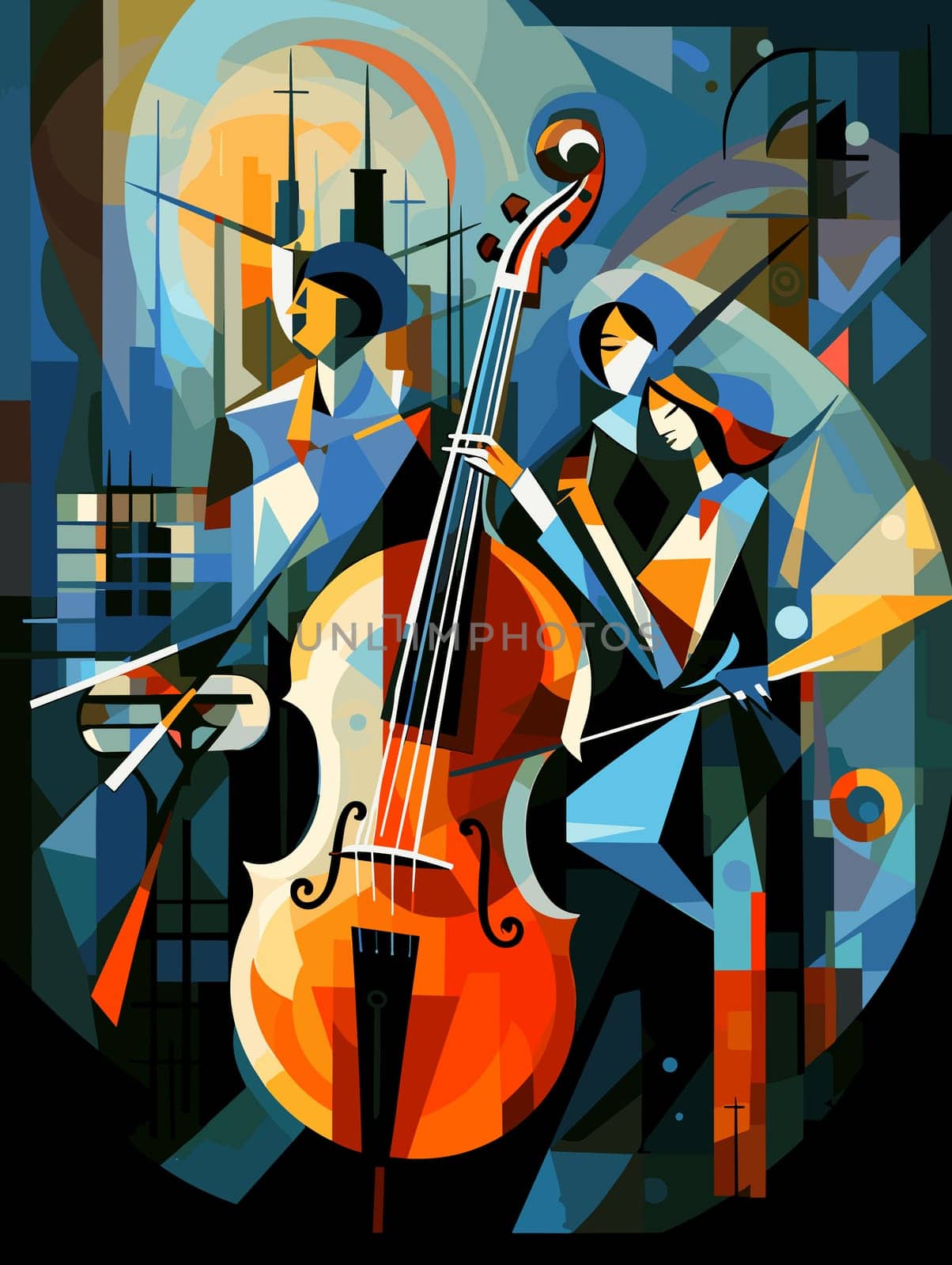 Abstract image of jazz musicians improvising on the streets of New Orleans in cubist pop art style.