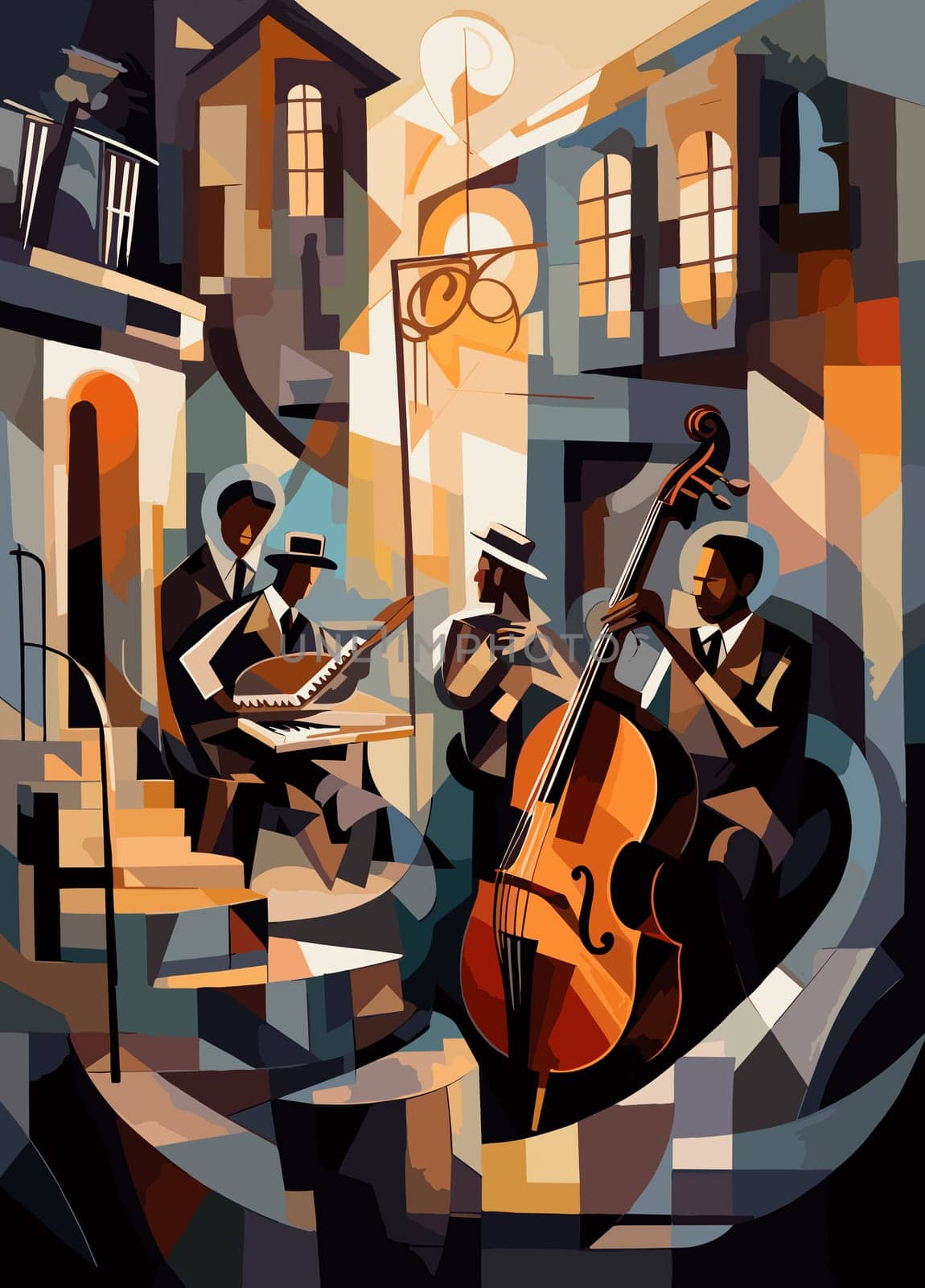 Abstract image of jazz musicians improvising on the streets of New Orleans in cubist pop art style.