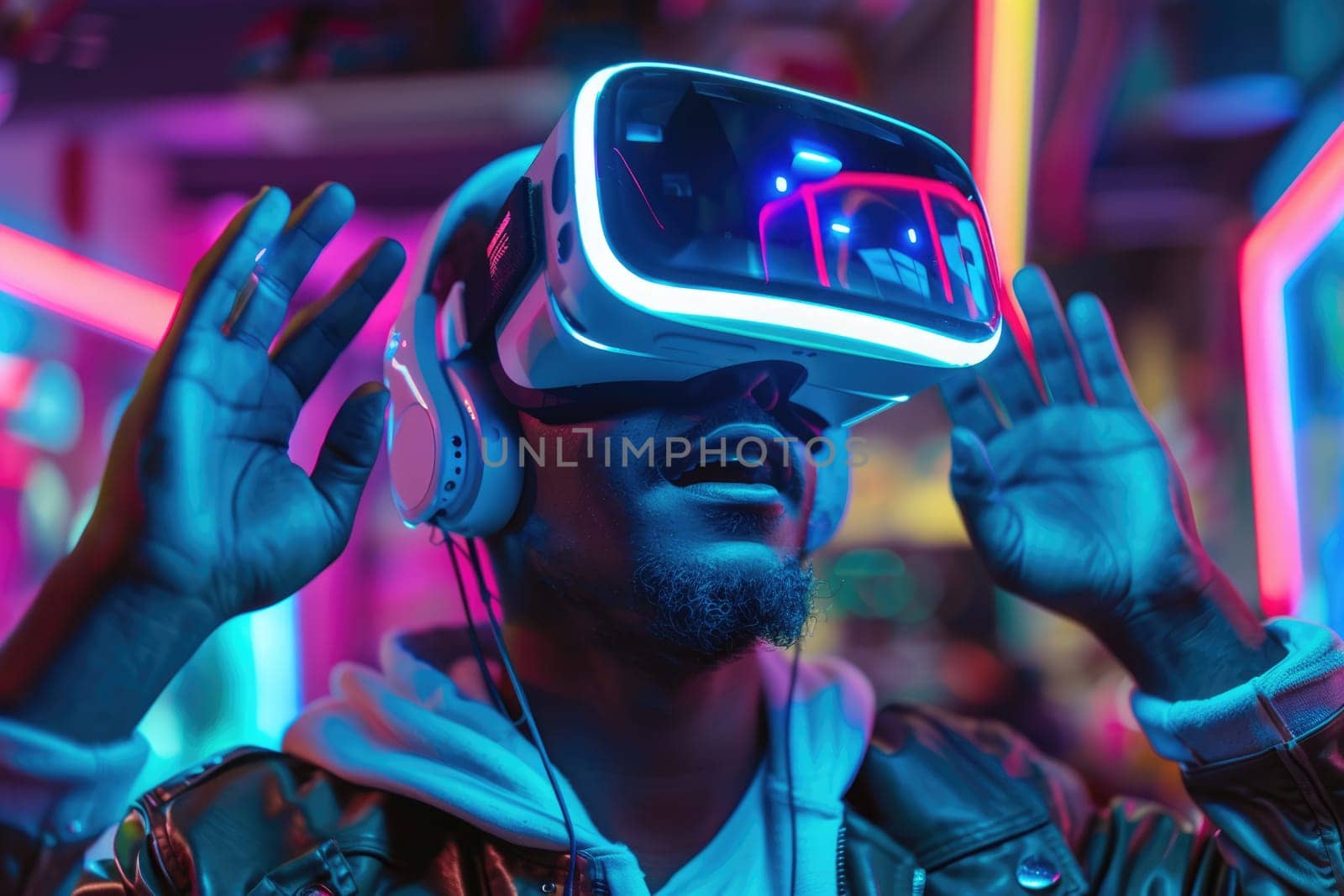 young man gamer wearing virtual reality glasses in gaming room. Vr glasses mockup. ai generated