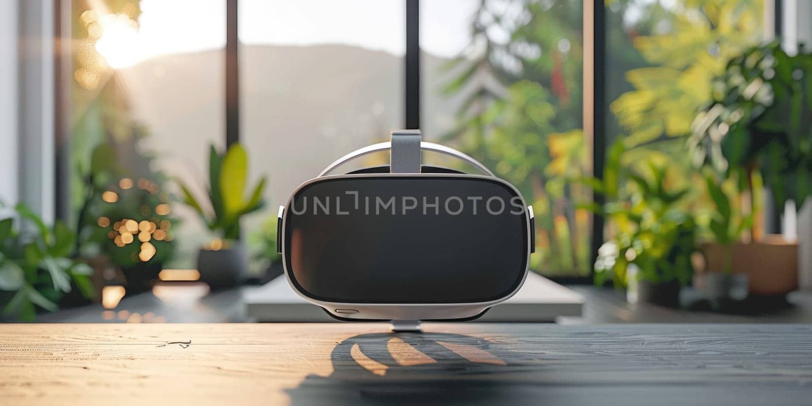 Virtual reality glasses on desk in living room. Vr glasses mockup. ai generated