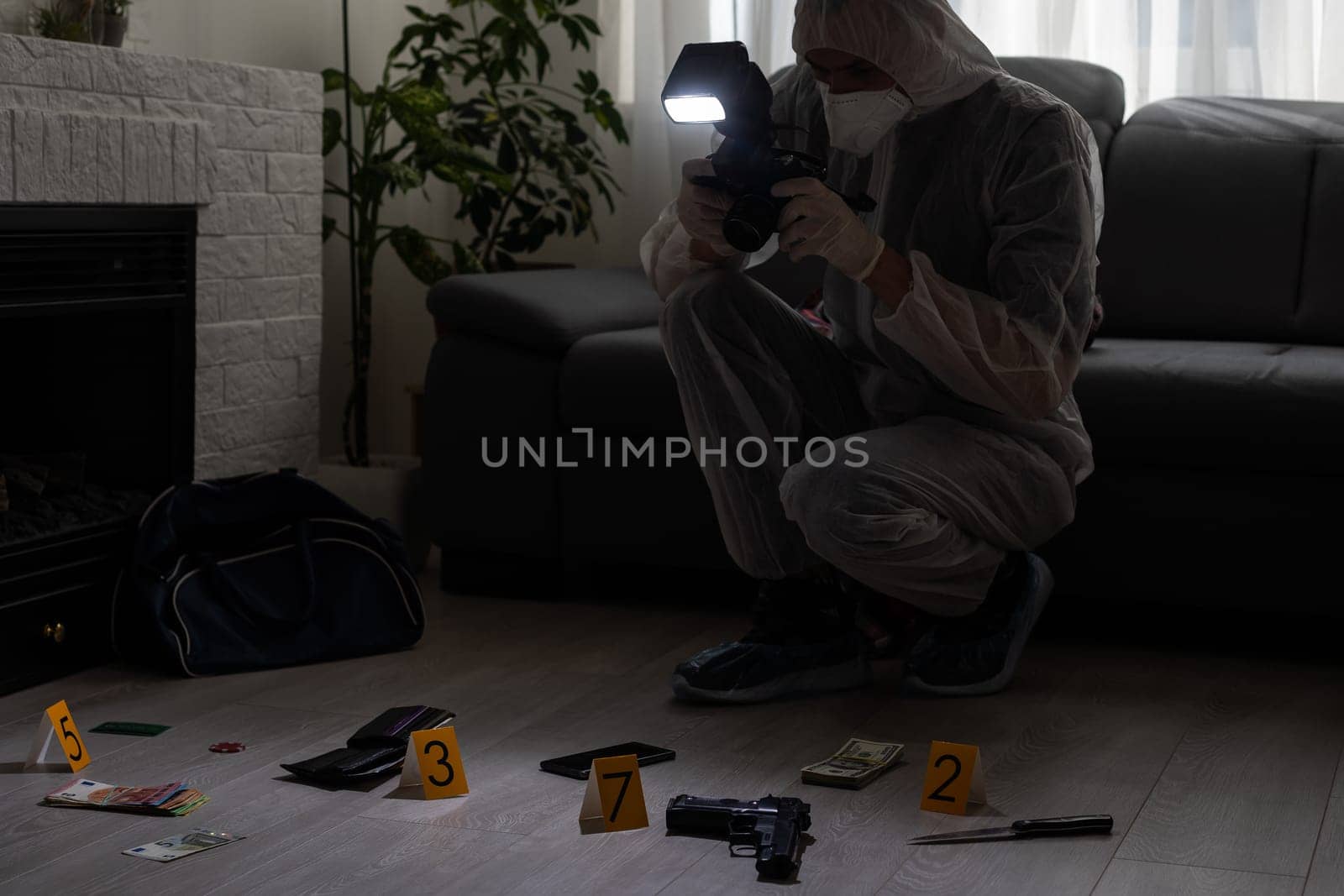 Crime scene investigation - collecting evidence from the crime scene. High quality photo