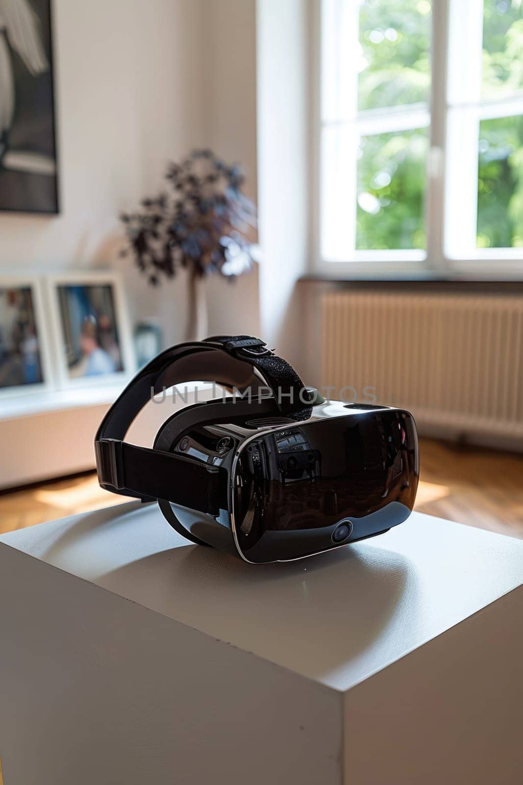 Virtual reality glasses on desk in living room. Vr glasses mockup. ai generated