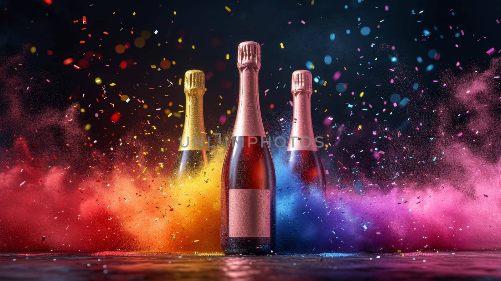 three bottles of champagne with an empty label on a festive background with confetti and colored smoke.