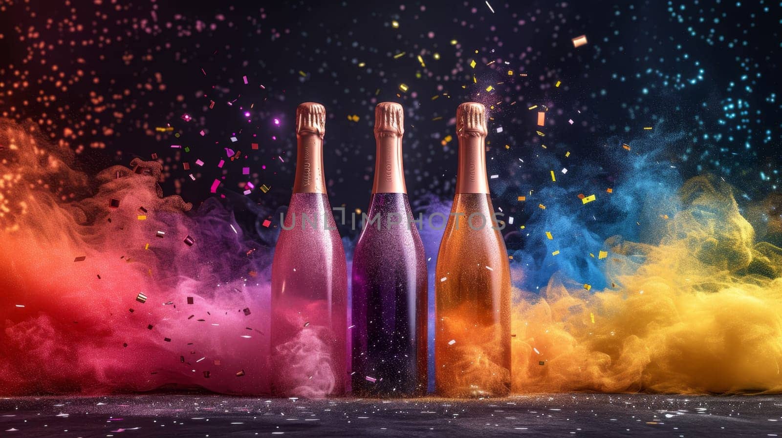 three bottles of champagne with an empty label on a festive background with confetti and colored smoke.