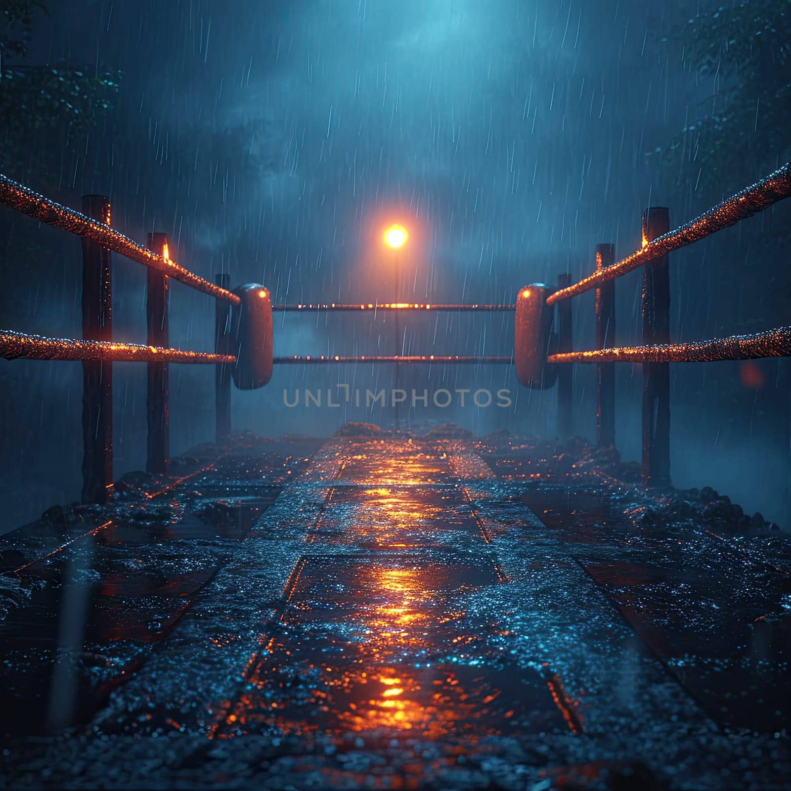 A photograph capturing a rainy night scene with a street light visible in the distance, amidst the falling rain.