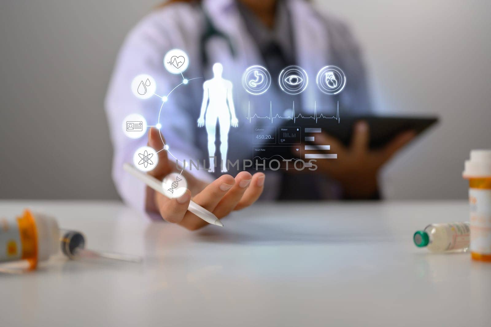 Doctor with virtual electronic medical record of patient. Medical technology and futuristic concept.