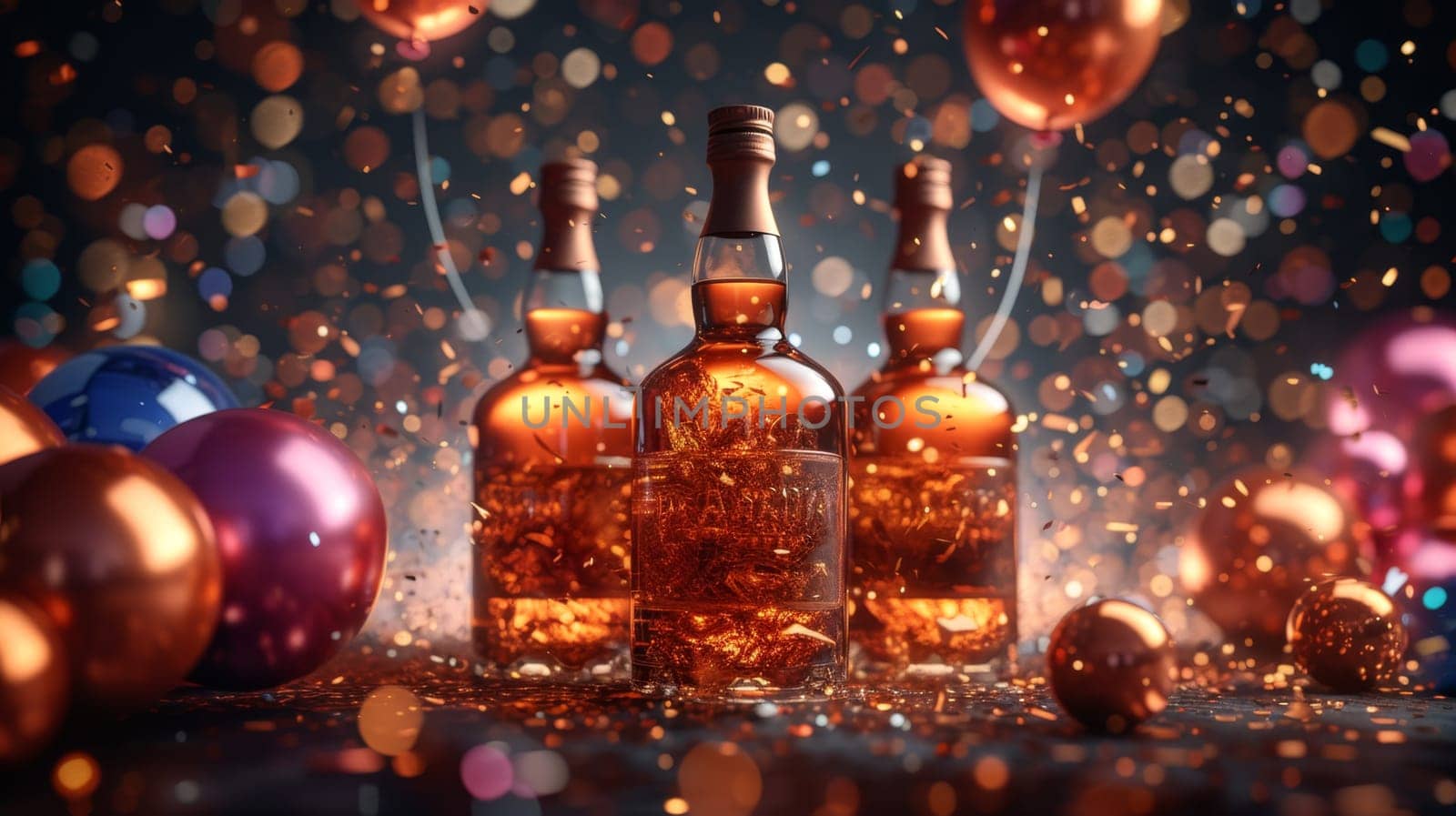 Three bottles of whiskey with an empty label on a festive background with balloons and confetti.