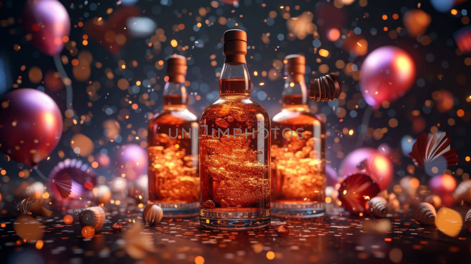 Three bottles of whiskey with an empty label on a festive background with balloons and confetti.