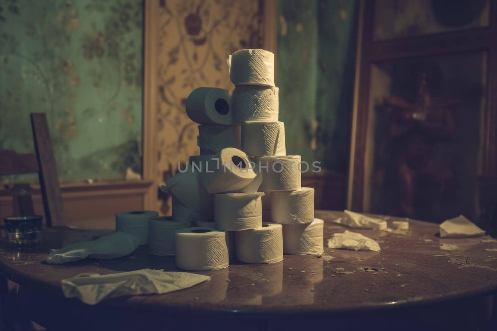 Lots of toilet paper rolls stacked on the table. Soft sanitary paper.