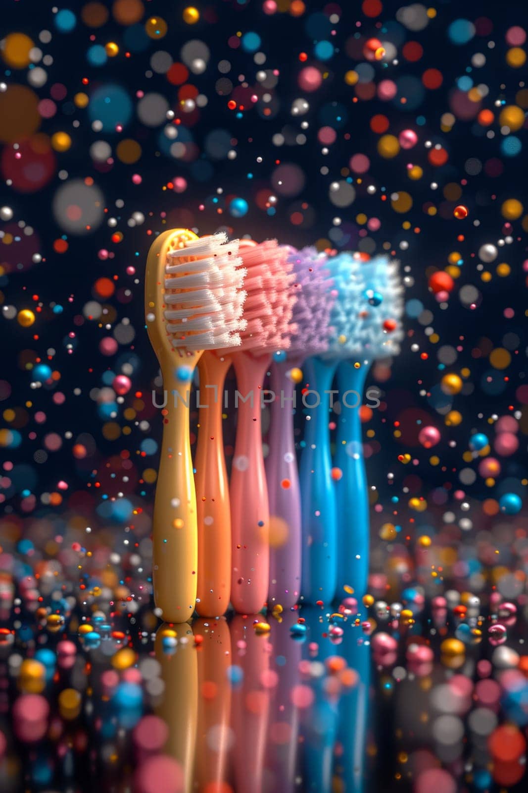 A set of colorful toothbrushes on a festive background with confetti. the concept of a clean tooth by Lobachad