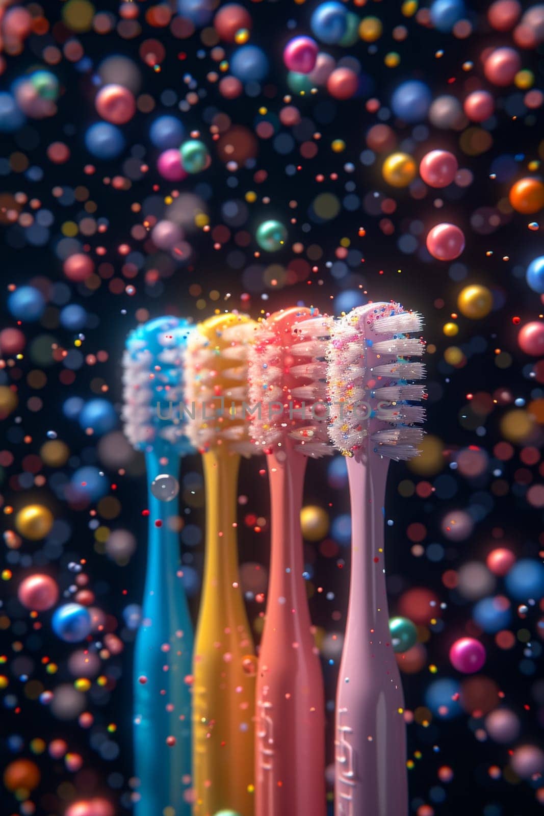 A set of colorful toothbrushes on a festive background with confetti. the concept of a clean tooth by Lobachad