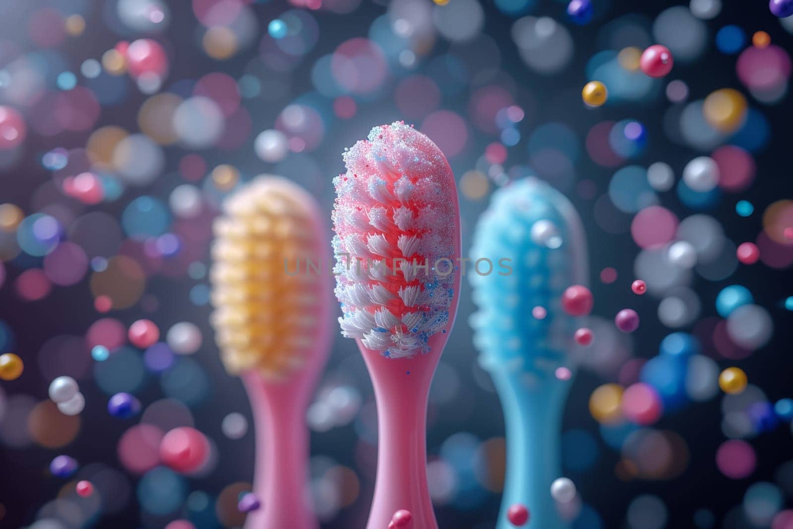A set of colorful toothbrushes on a festive background with confetti. the concept of a clean tooth by Lobachad