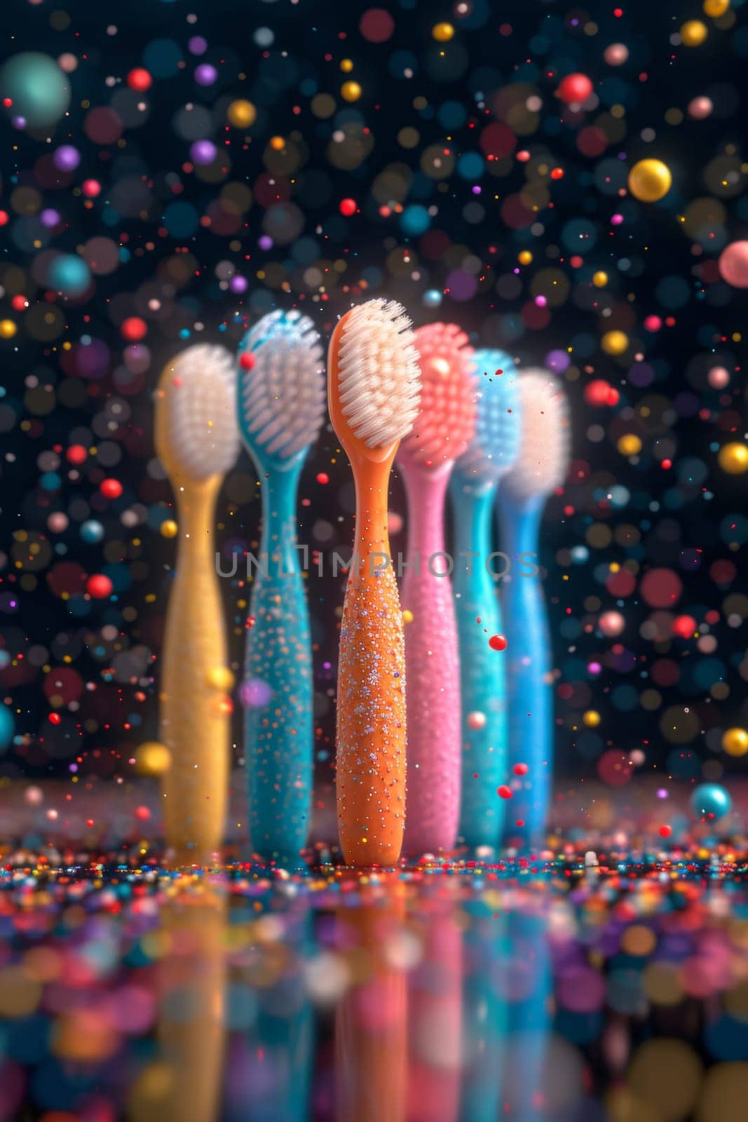 A set of colorful toothbrushes on a festive background with confetti. the concept of a clean tooth.