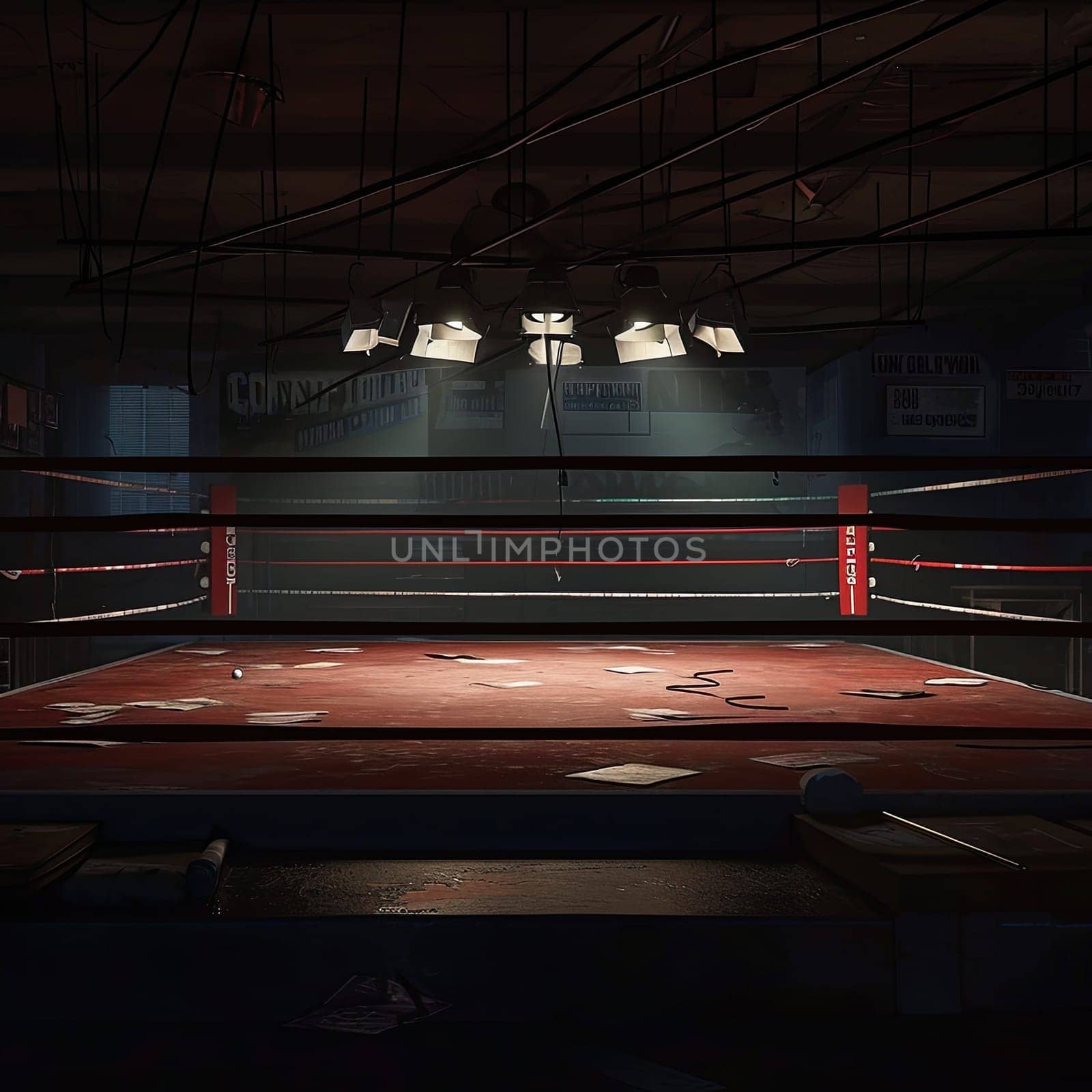 A boxing ring in a dimly lit room radiates bright lights, evoking the intensity of a fight night.