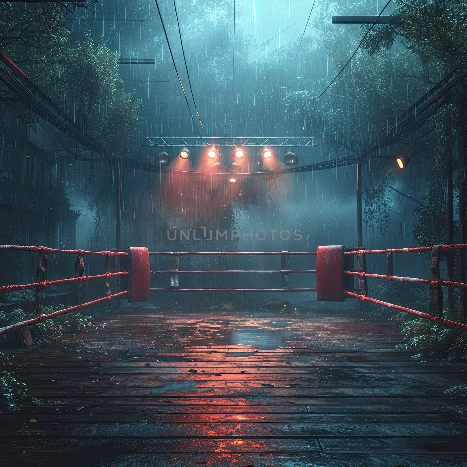 A boxing ring illuminated by lights in the rain during a fight night event.