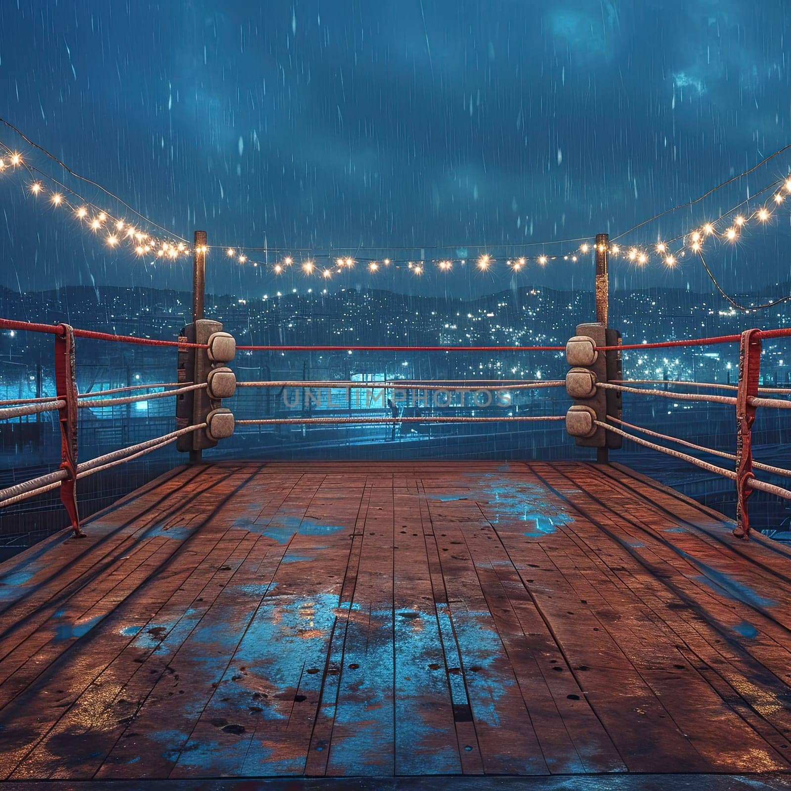 A photo capturing a lively boxing ring against the backdrop of a vibrant city at night.