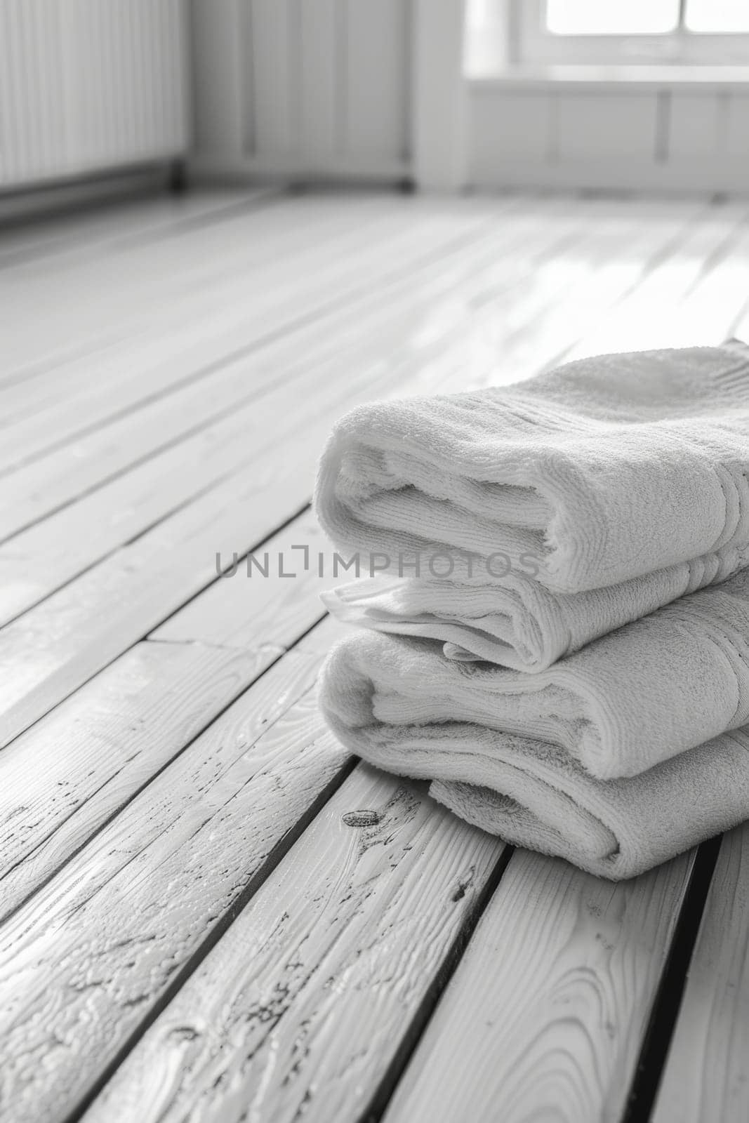A stack of white towels lies on a wooden surface.