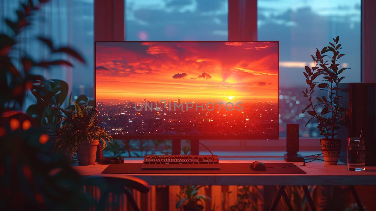 A computer monitor is on a desk with a city view in the background by itchaznong