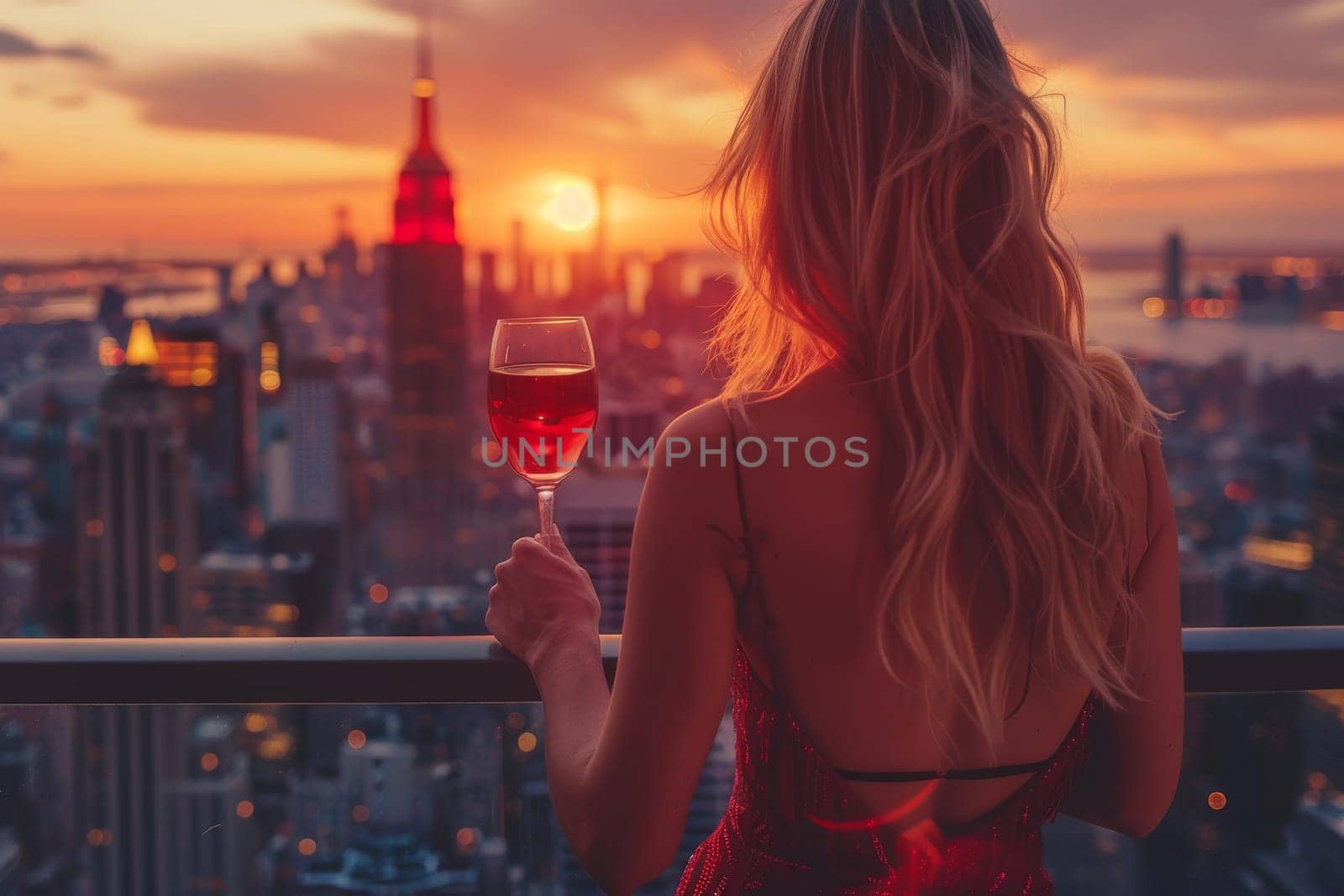 A woman in a red dress is holding a wine glass and looking out over the city. The sun is setting, casting a warm glow over the skyline