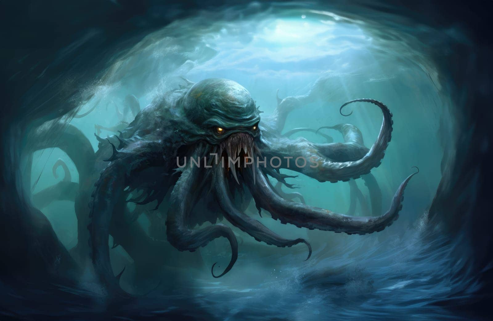 Kraken is a mythological sea monster of gigantic size. A giant octopus that attacks a sea vessel.