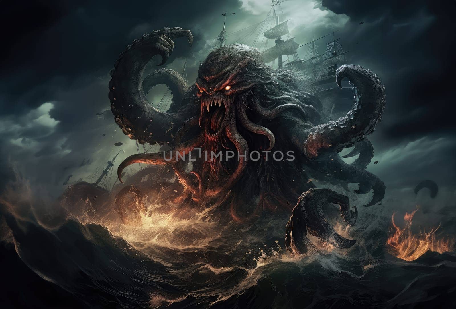 Kraken is a mythological sea monster of gigantic size.  by palinchak