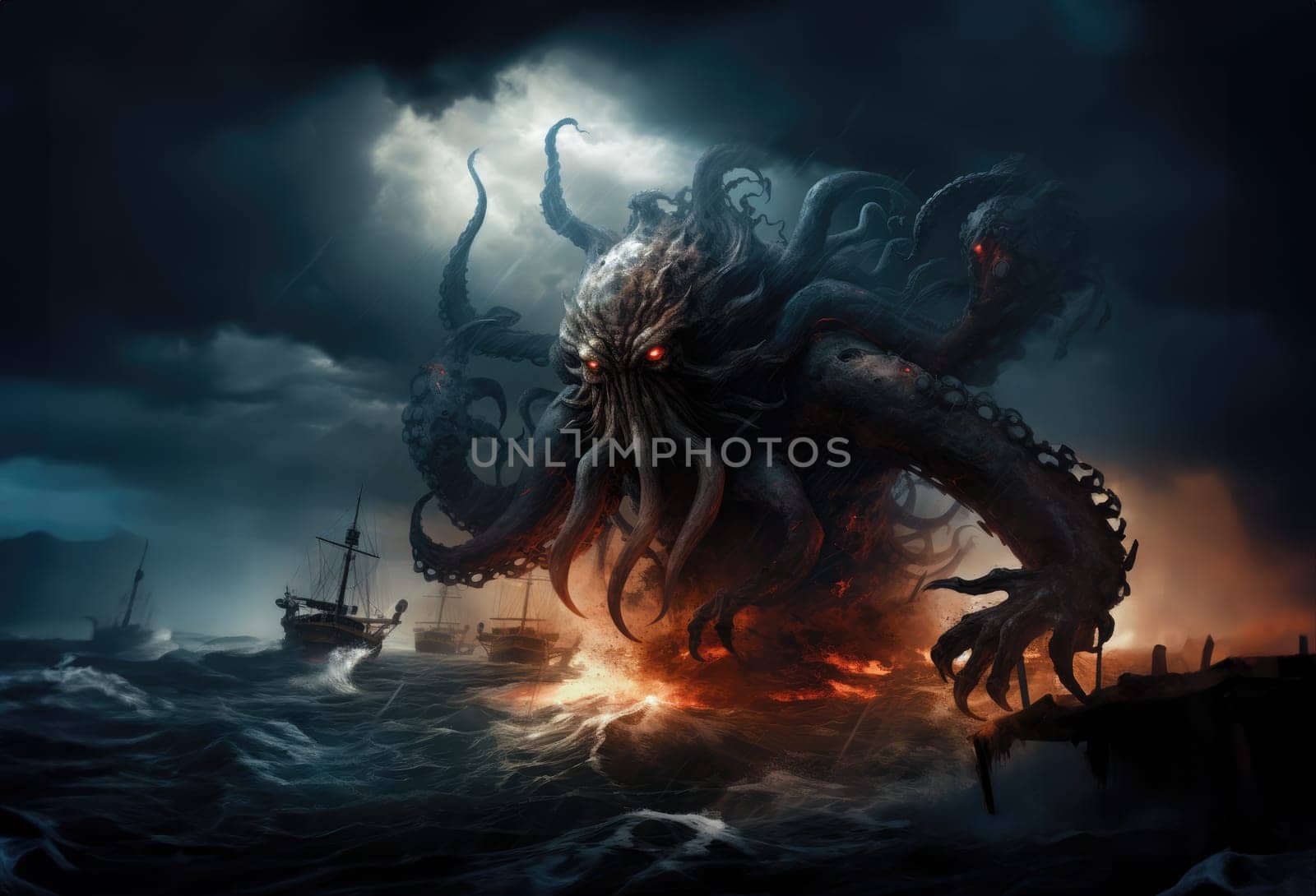 Kraken is a mythological sea monster of gigantic size. A giant octopus that attacks a sea vessel.