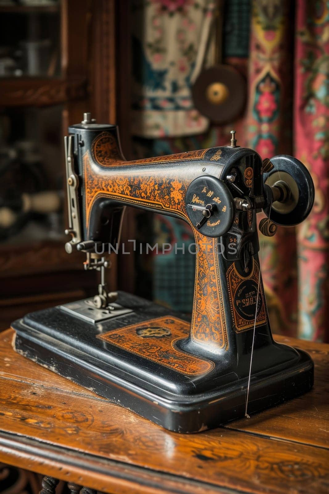 An antique sewing machine is ready to work on the table.