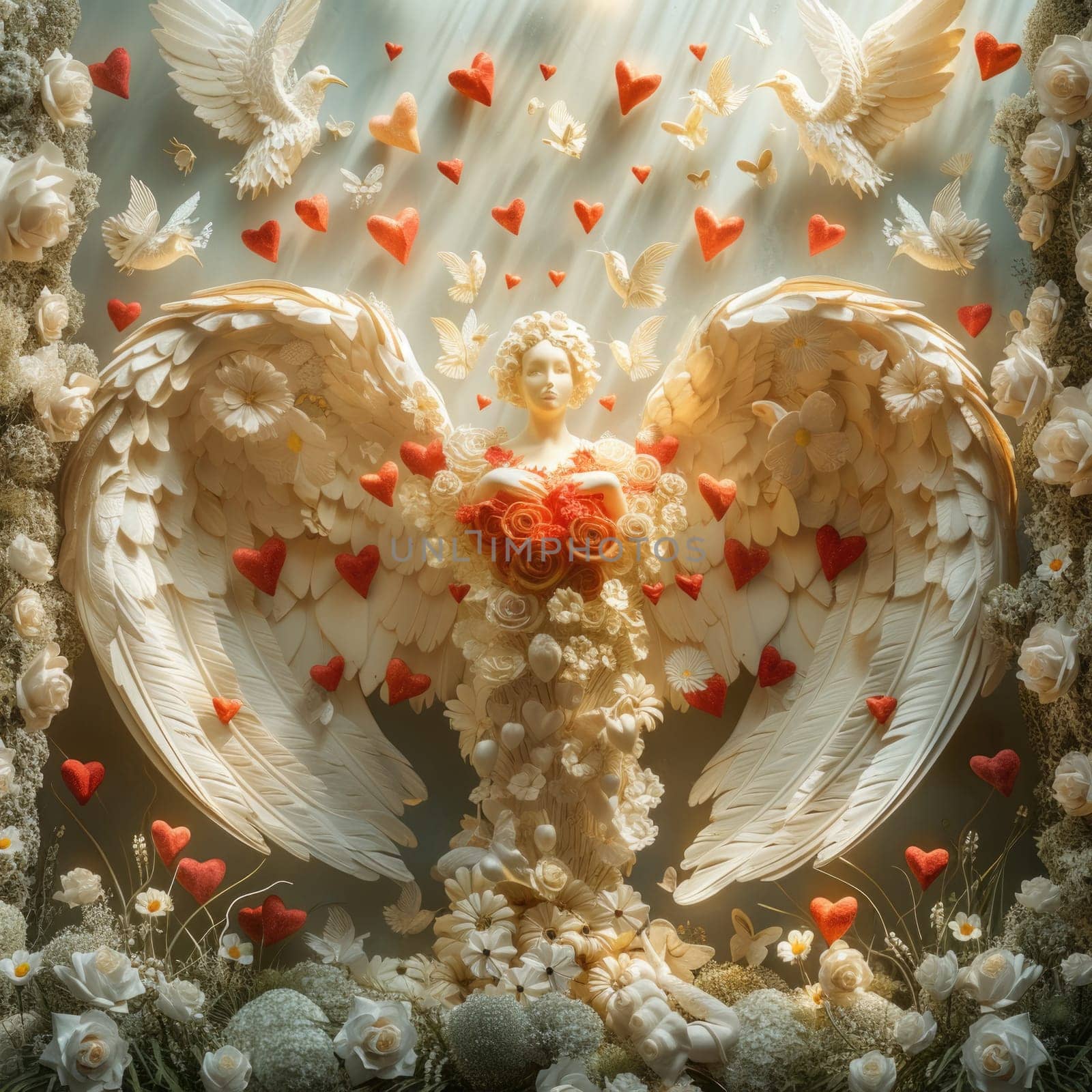 Angel Surrounded by Flowers and Hearts Mockup. Generative AI. by but_photo