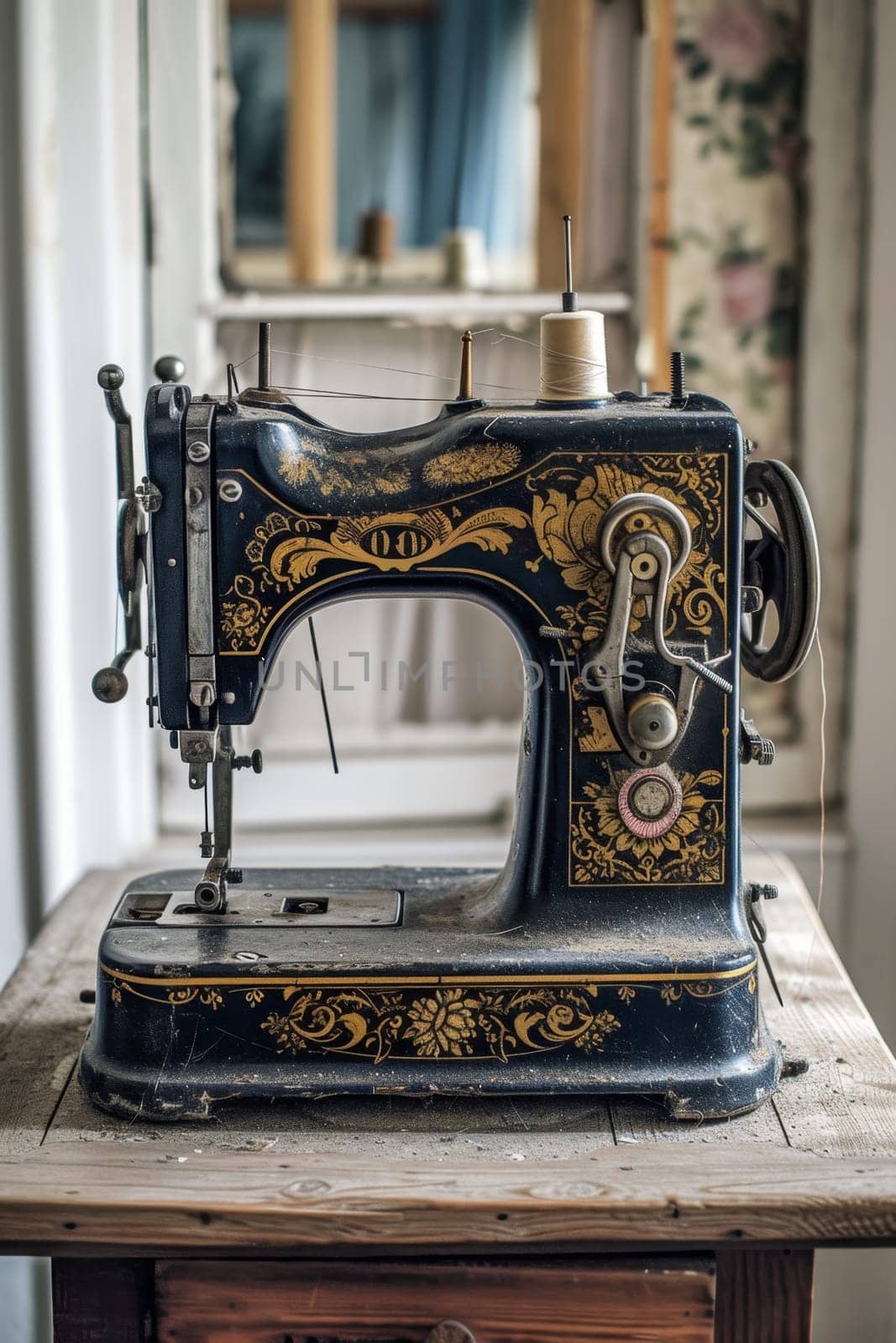 An antique sewing machine is ready to work on the table by Lobachad