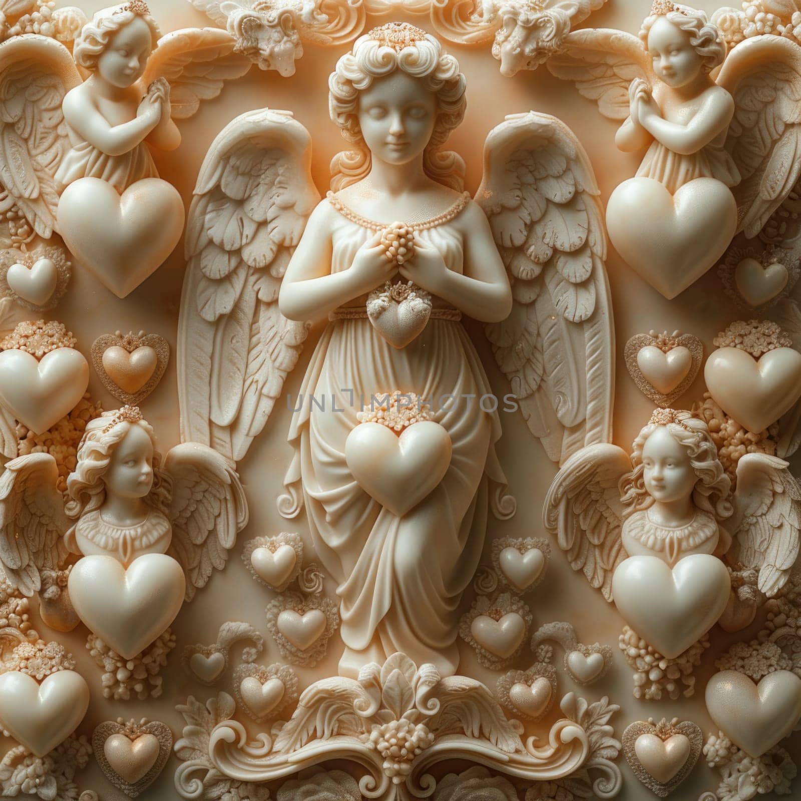 Cake Decorated With Angel Figurines and Hearts. Generative AI. by but_photo