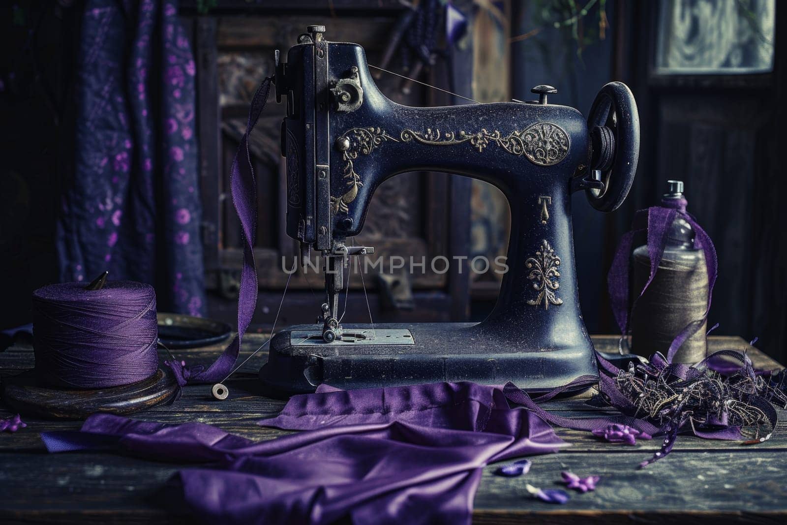 An antique sewing machine is ready to work on the table.