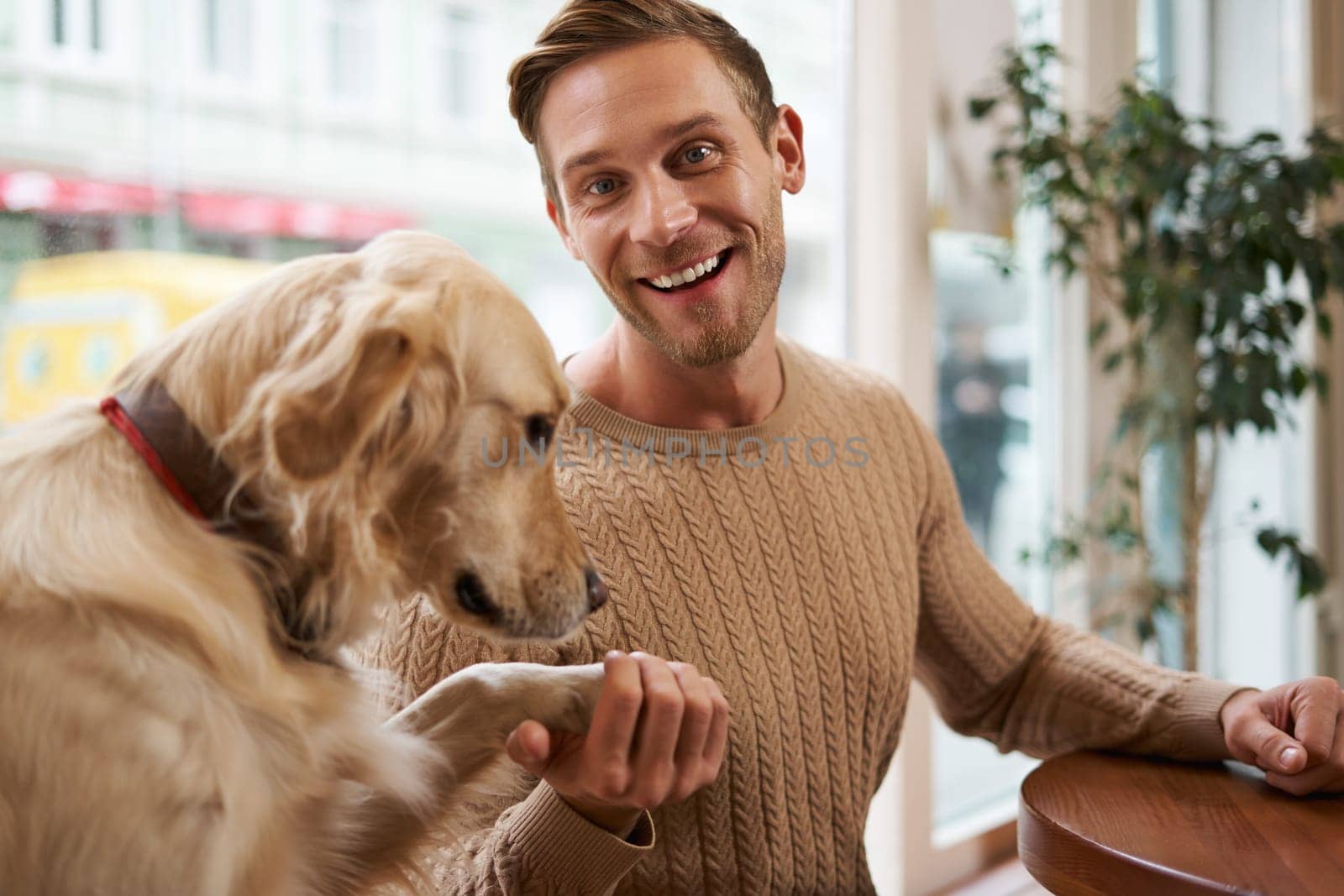 Smiling young man holds his dog paw in hand and looks happy. Concept of pet-friendly cafe and freelance co-working space.